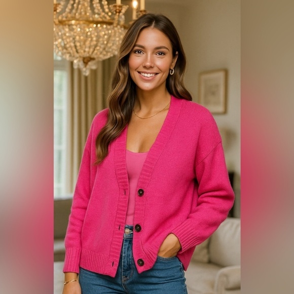 wild fable Tops - Wild Fable Cardigan Bright Rose Hot Pink 3 Button Barbie Preppy Valentines Boho